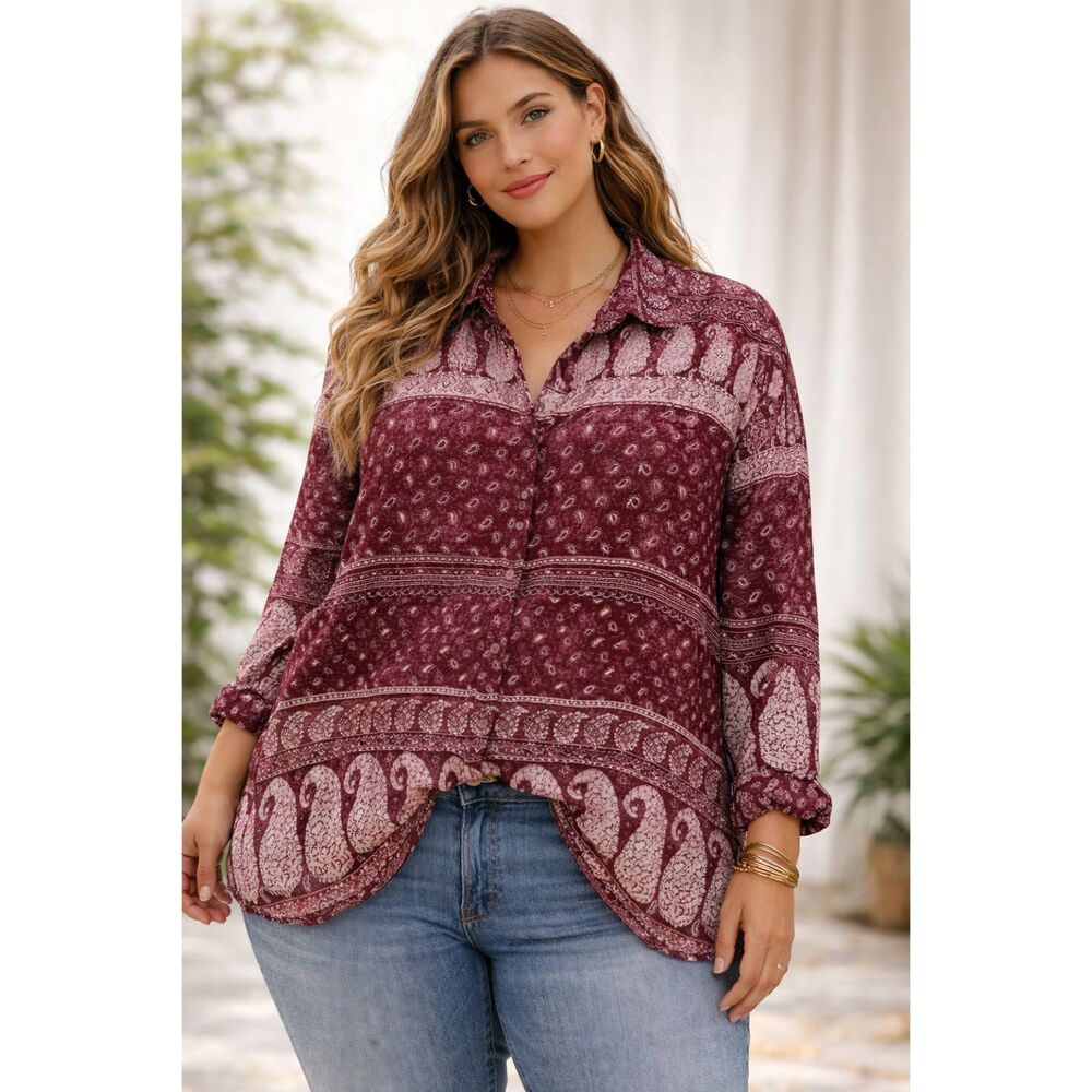 Gee J Burgundy Blouse With Bead Detail 20W 100% Rayon